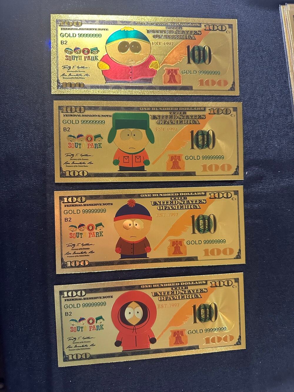 South Park 4 Piece Gold Foil Novelty Note Set Cartman Kyle Stan Kenny